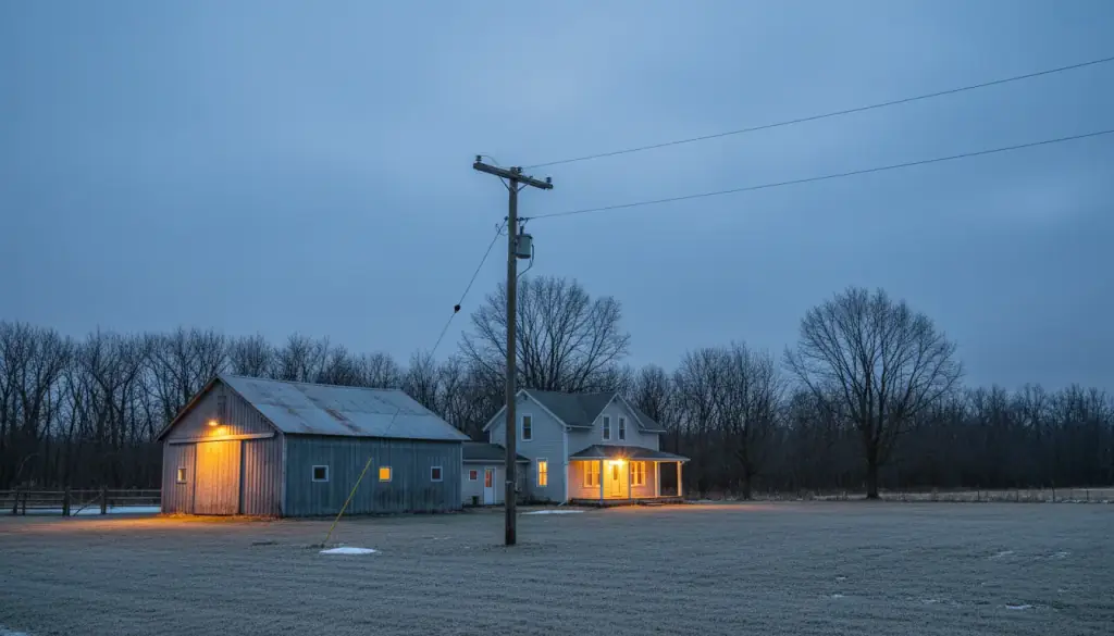 A Michigan farmhouse and pole barn at winter dusk with exterior lights on and an overhead service drop running between them