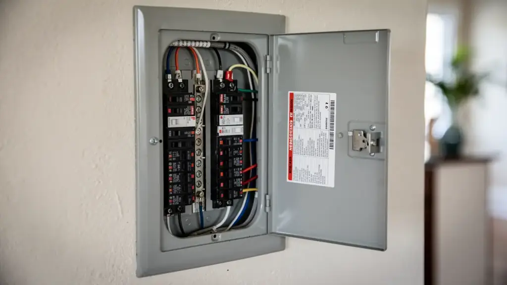 An interior residential electrical panel with the door open and the circuits neatly labeled