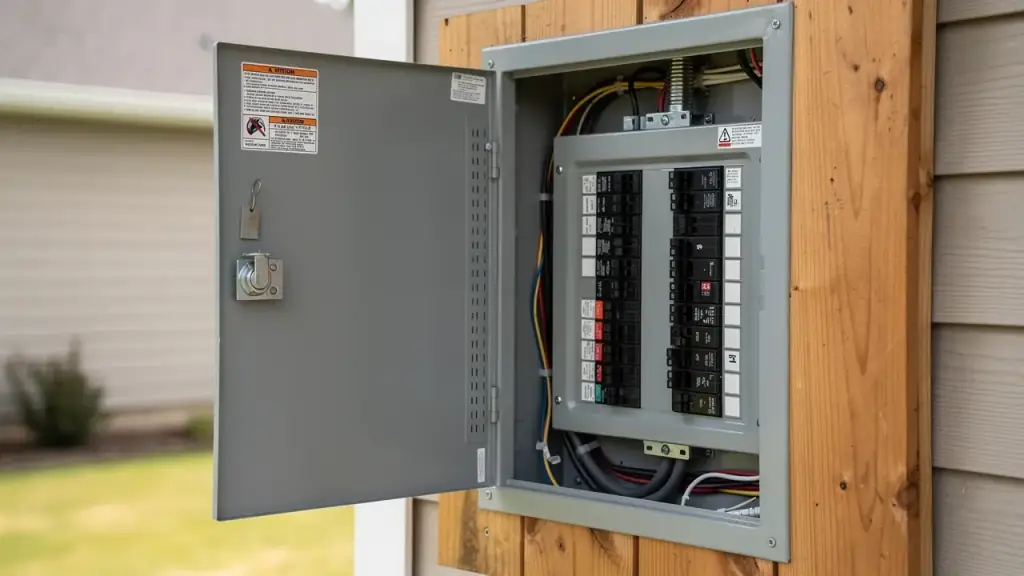 An exterior residential electrical service panel mounted on siding with the cover open and cables landed