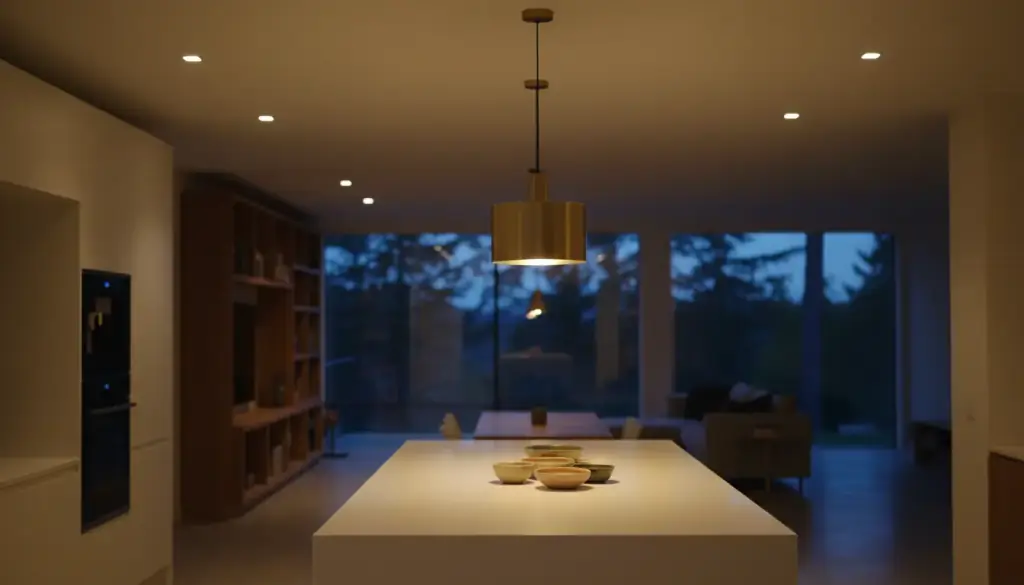 A residential interior at dusk lit by newly installed recessed downlights and a pendant over a counter