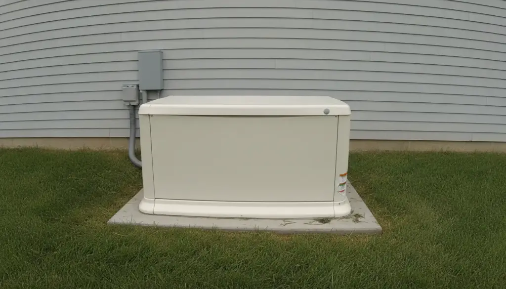 An installed residential standby generator on a concrete pad beside house siding, with its conduit run and transfer switch on the wall behind it