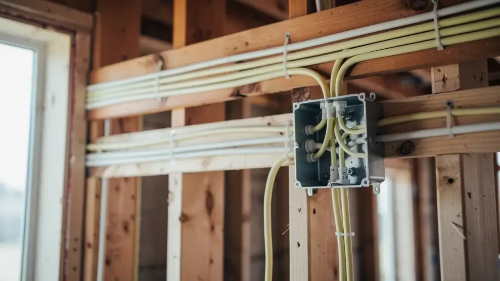 A residential electrical rough-in with non-metallic cable run through drilled studs into a metal junction box